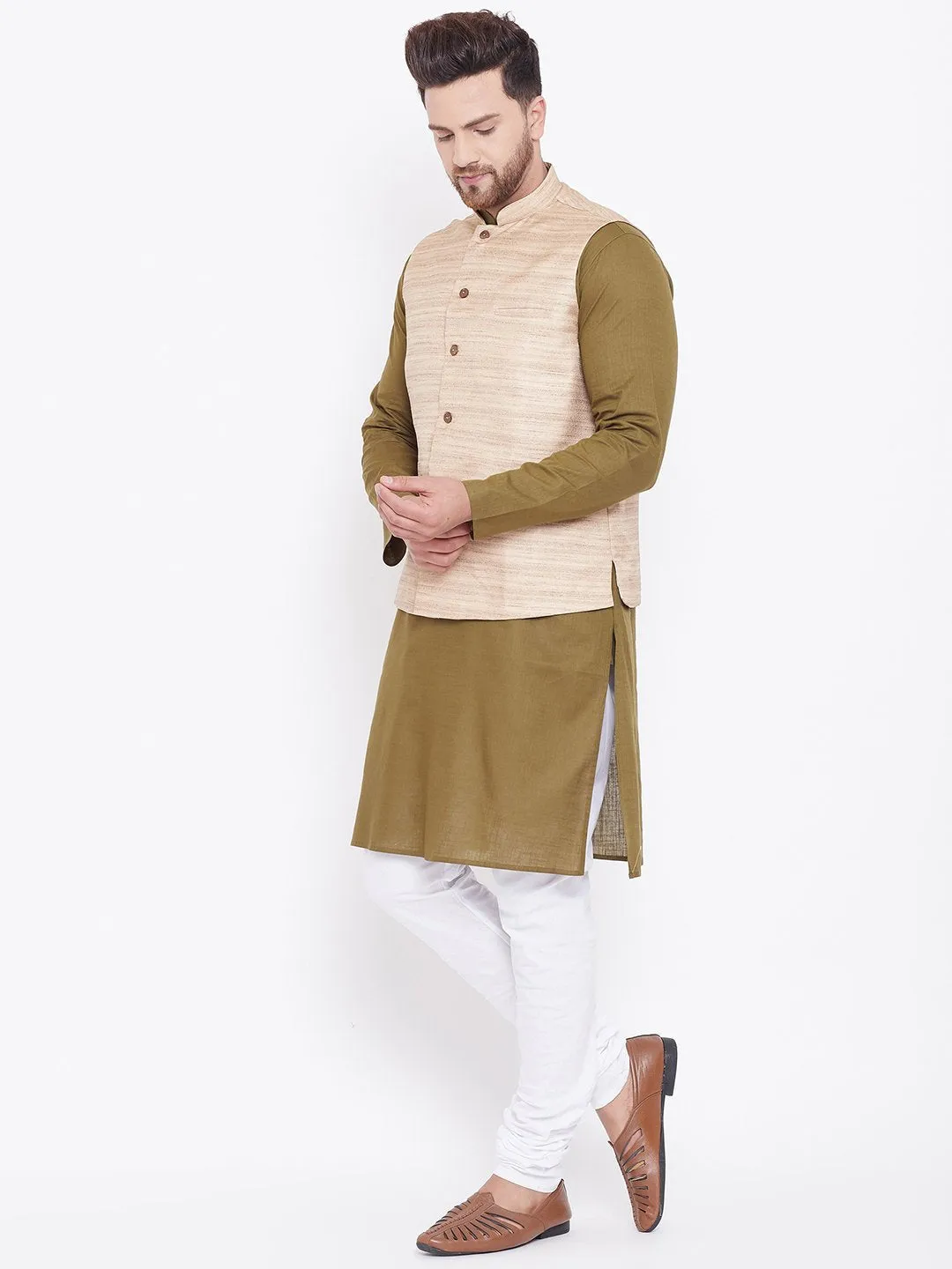 Men's Beige, Mehendi Green And White Cotton Blend Jacket, Kurta and Pyjama Set - Vastramay