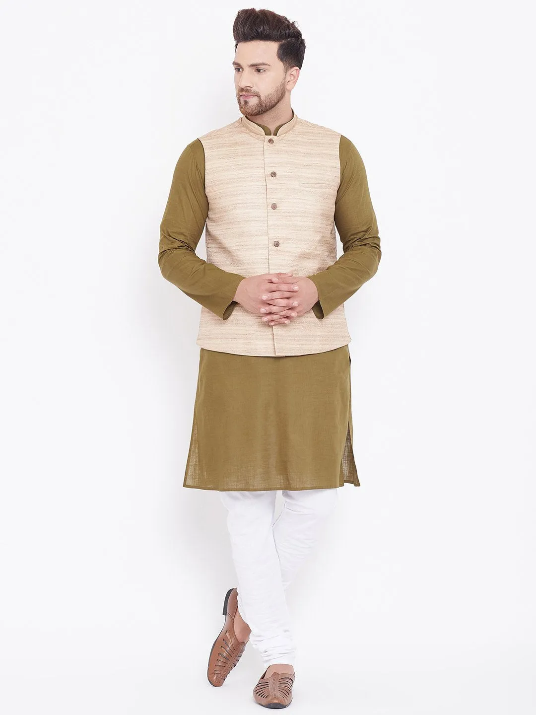 Men's Beige, Mehendi Green And White Cotton Blend Jacket, Kurta and Pyjama Set - Vastramay