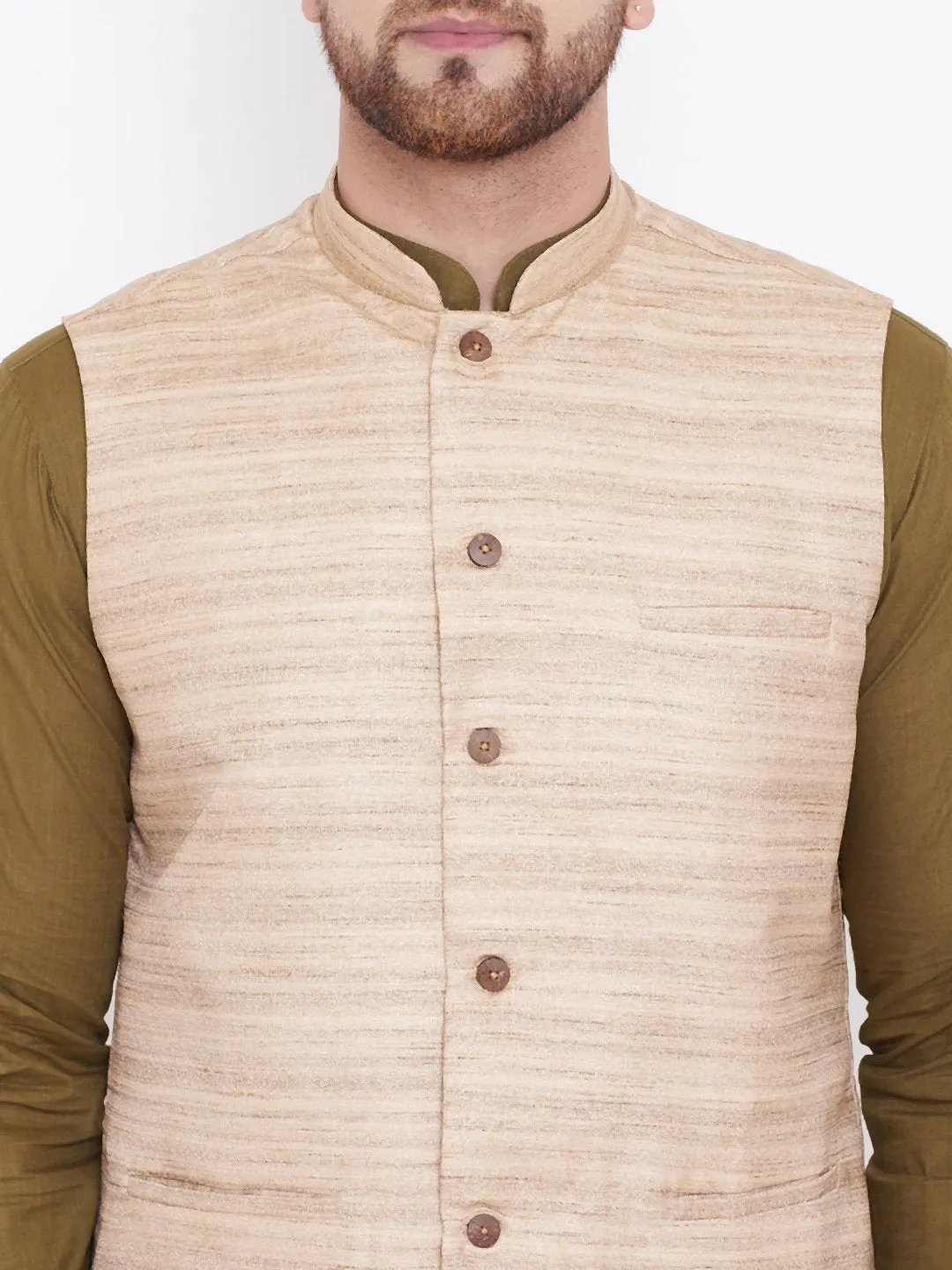 Men's Beige, Mehendi Green And White Cotton Blend Jacket, Kurta and Pyjama Set - Vastramay