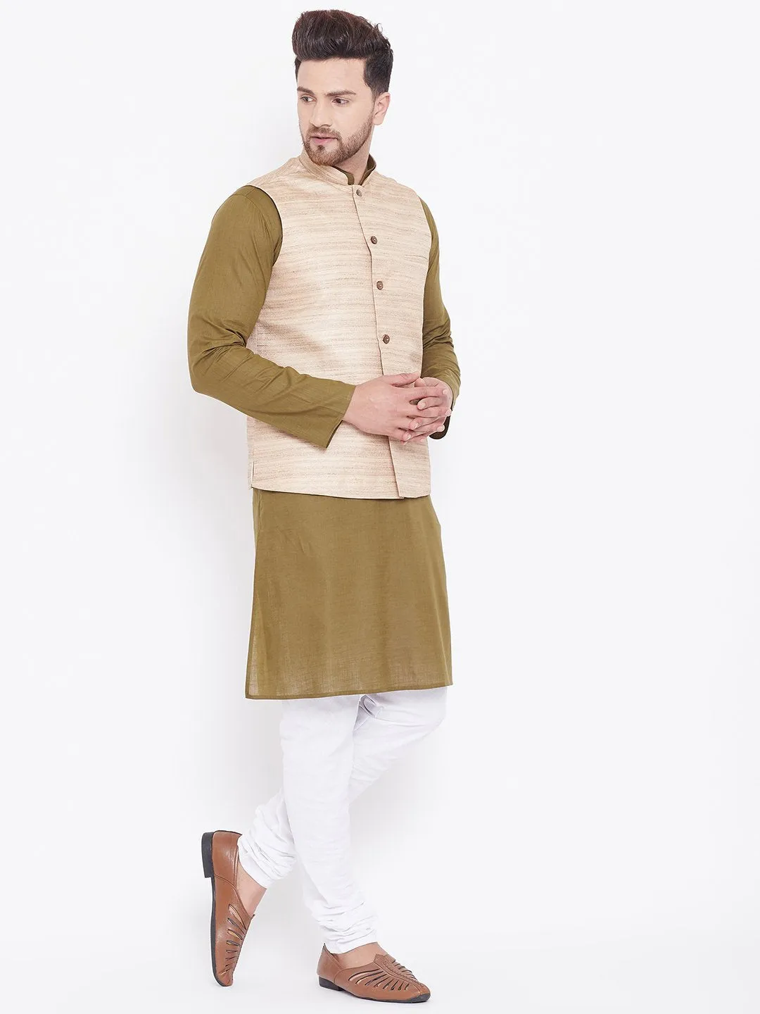 Men's Beige, Mehendi Green And White Cotton Blend Jacket, Kurta and Pyjama Set - Vastramay