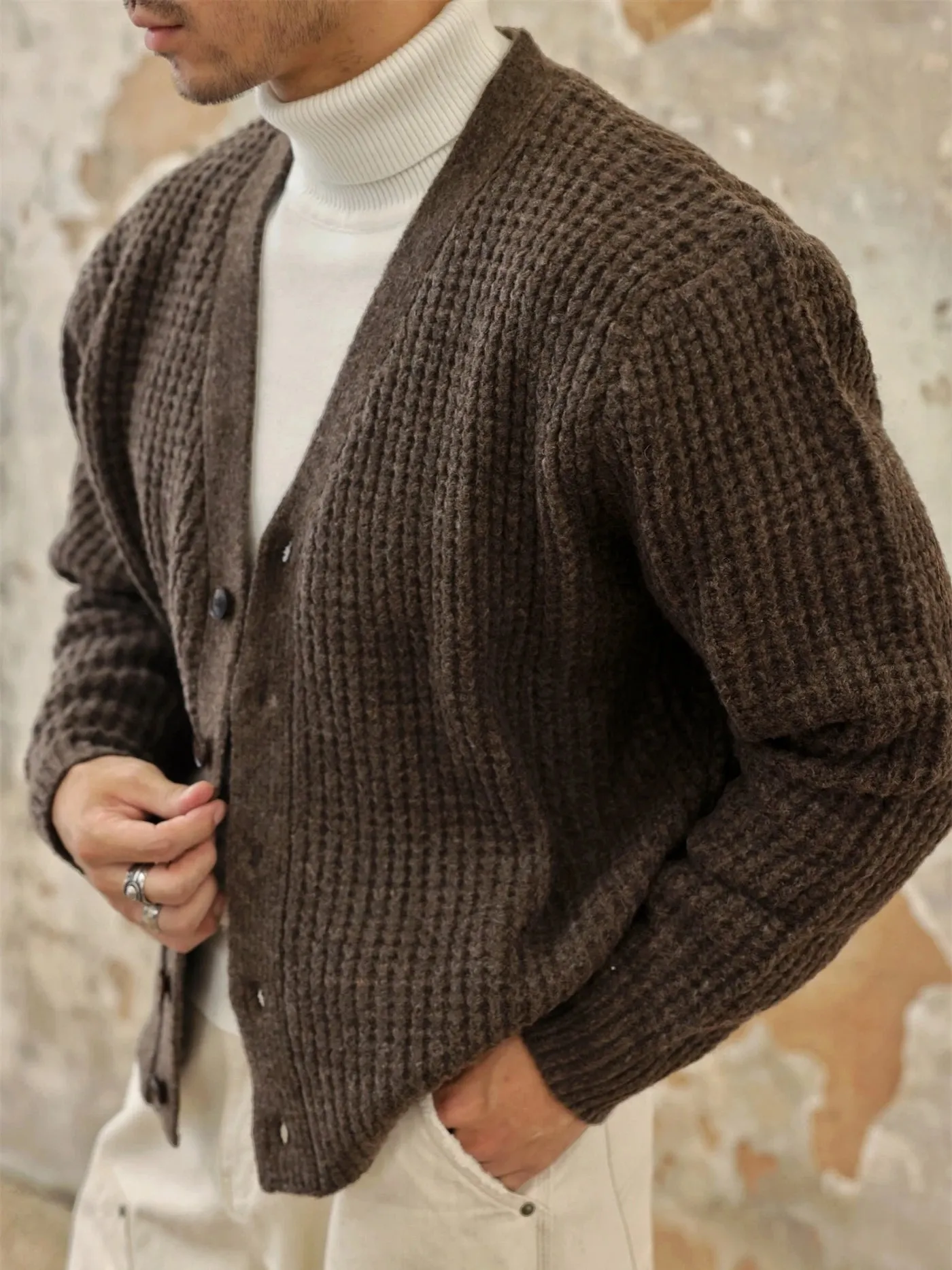 Men's Waffle V-neck Cardigan Sweater - England Style