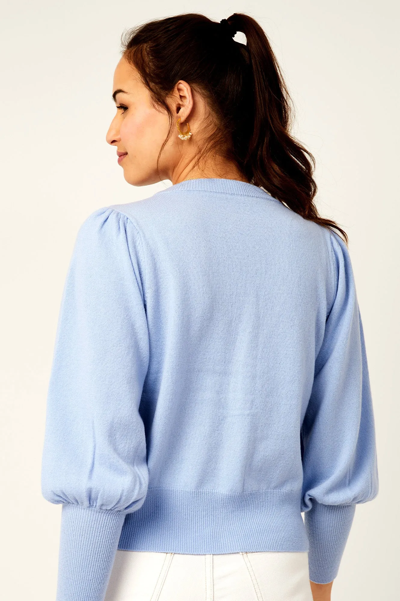 Merino Cashmere V Neck Puff Sleeve Cardigan | Cornflower Blue