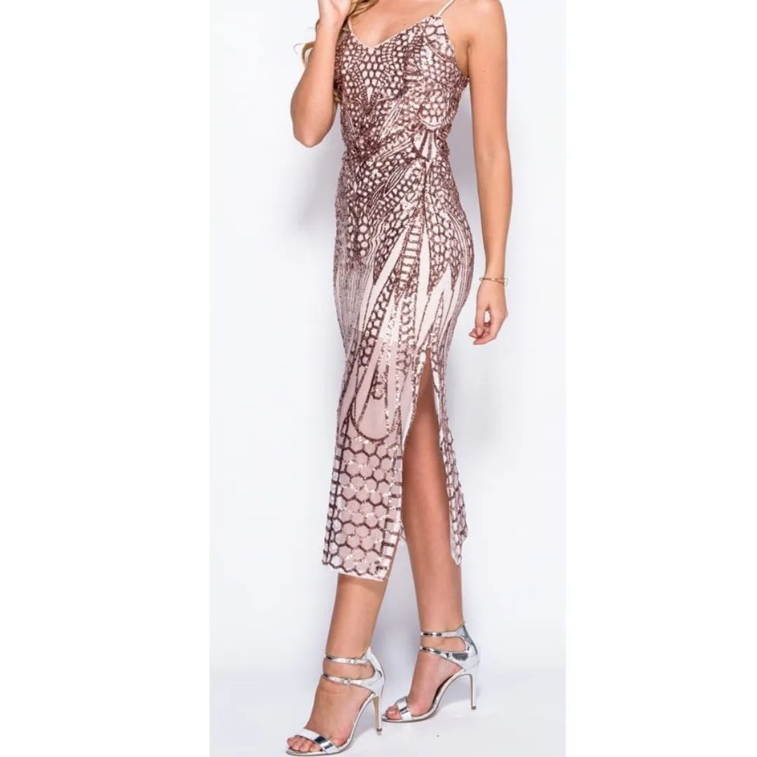 Metallic Sequins Midi Dress Rose Gold