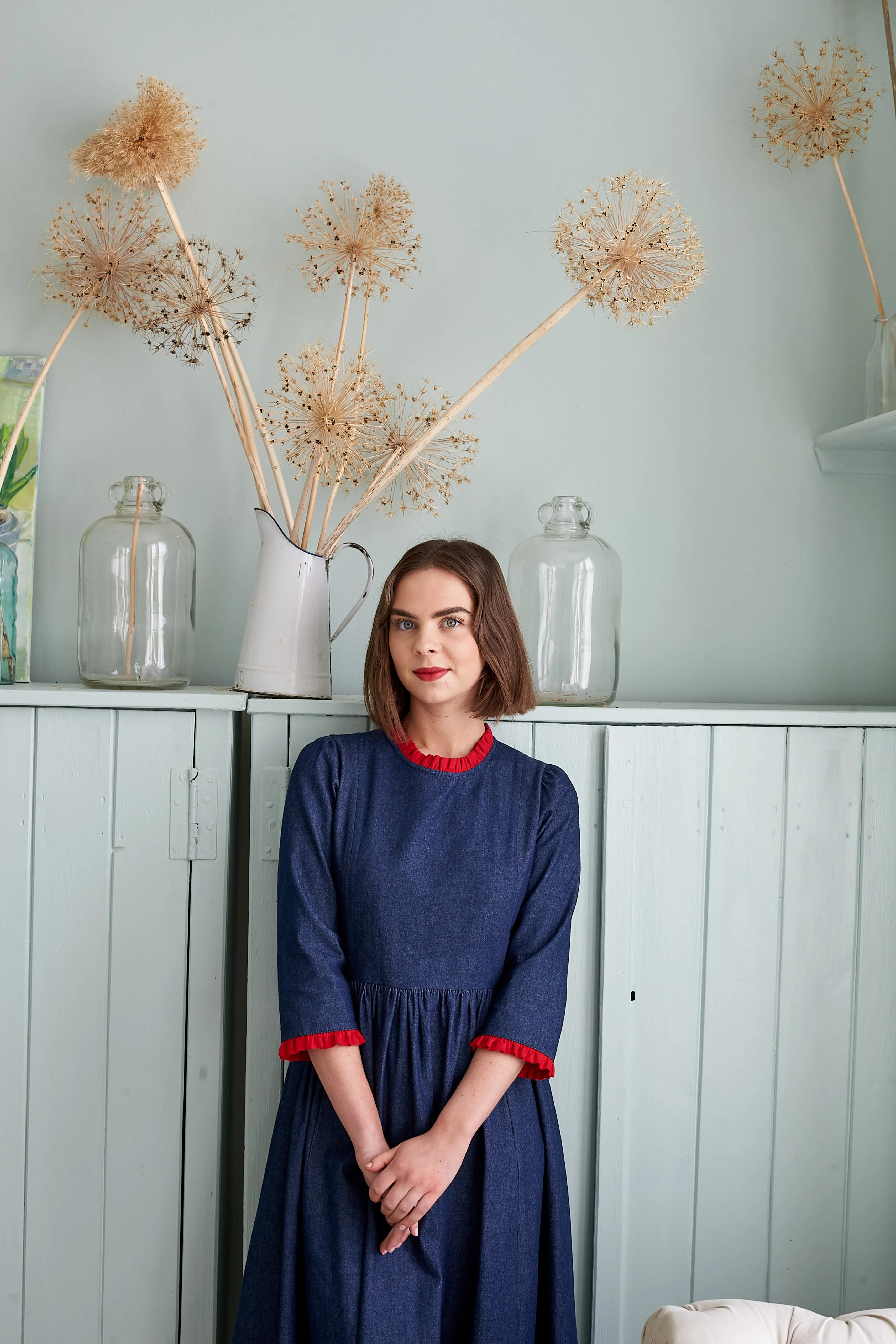 Mia Dress in Denim with Red Linen Trim