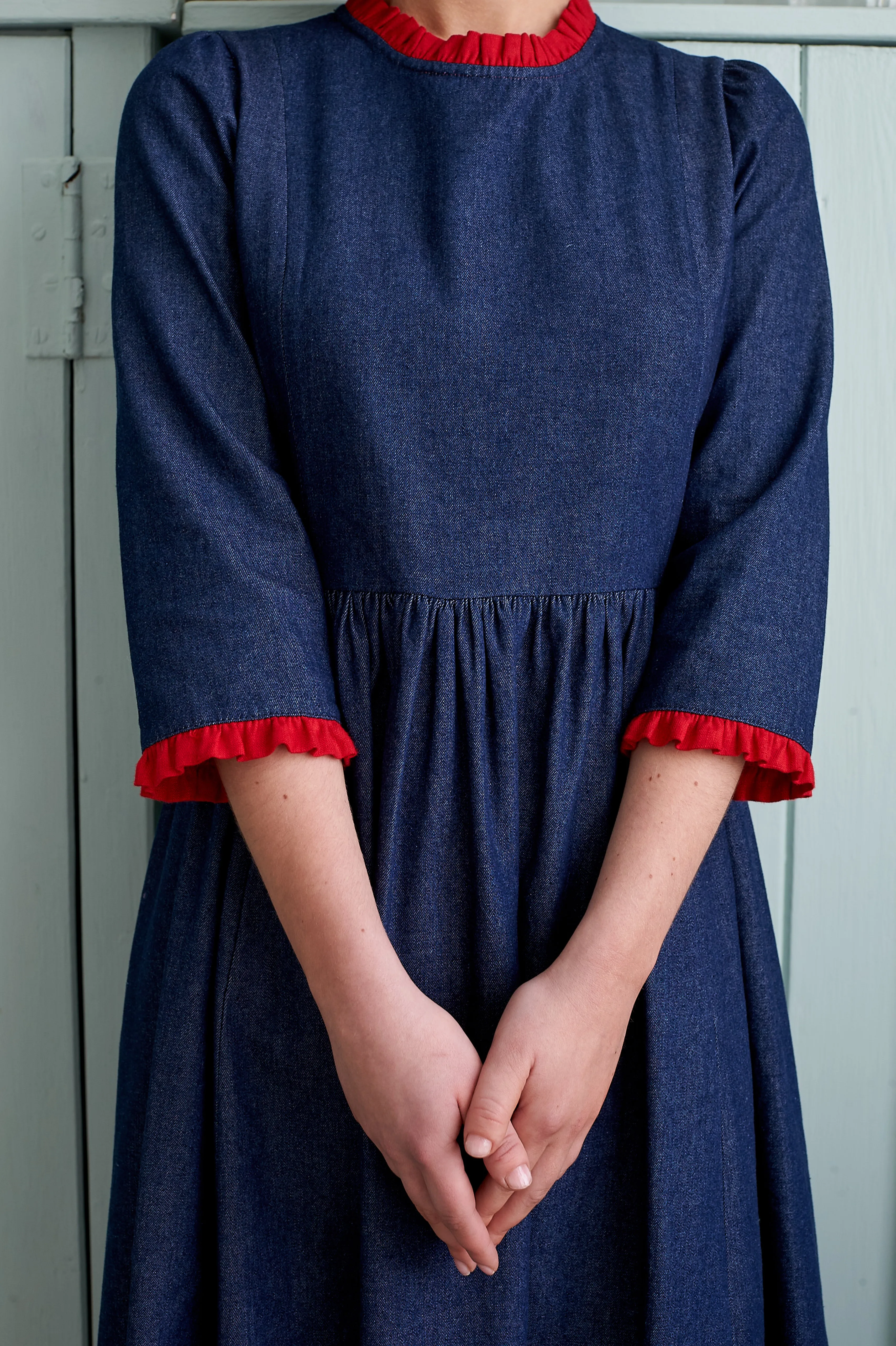 Mia Dress in Denim with Red Linen Trim