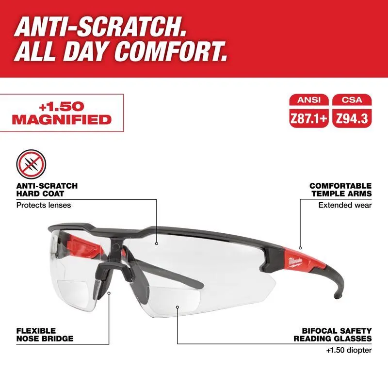 Milwaukee Anti-Scratch Magnified Safety Glasses Clear Lens Black/Red Frame