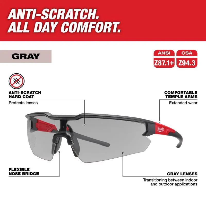 Milwaukee Anti-Scratch Safety Glasses Gray Lens Black/Red Frame