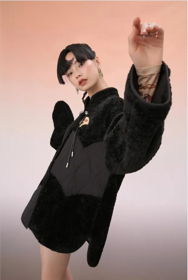 Mukzin | Fluffy Patchwork Button Coat