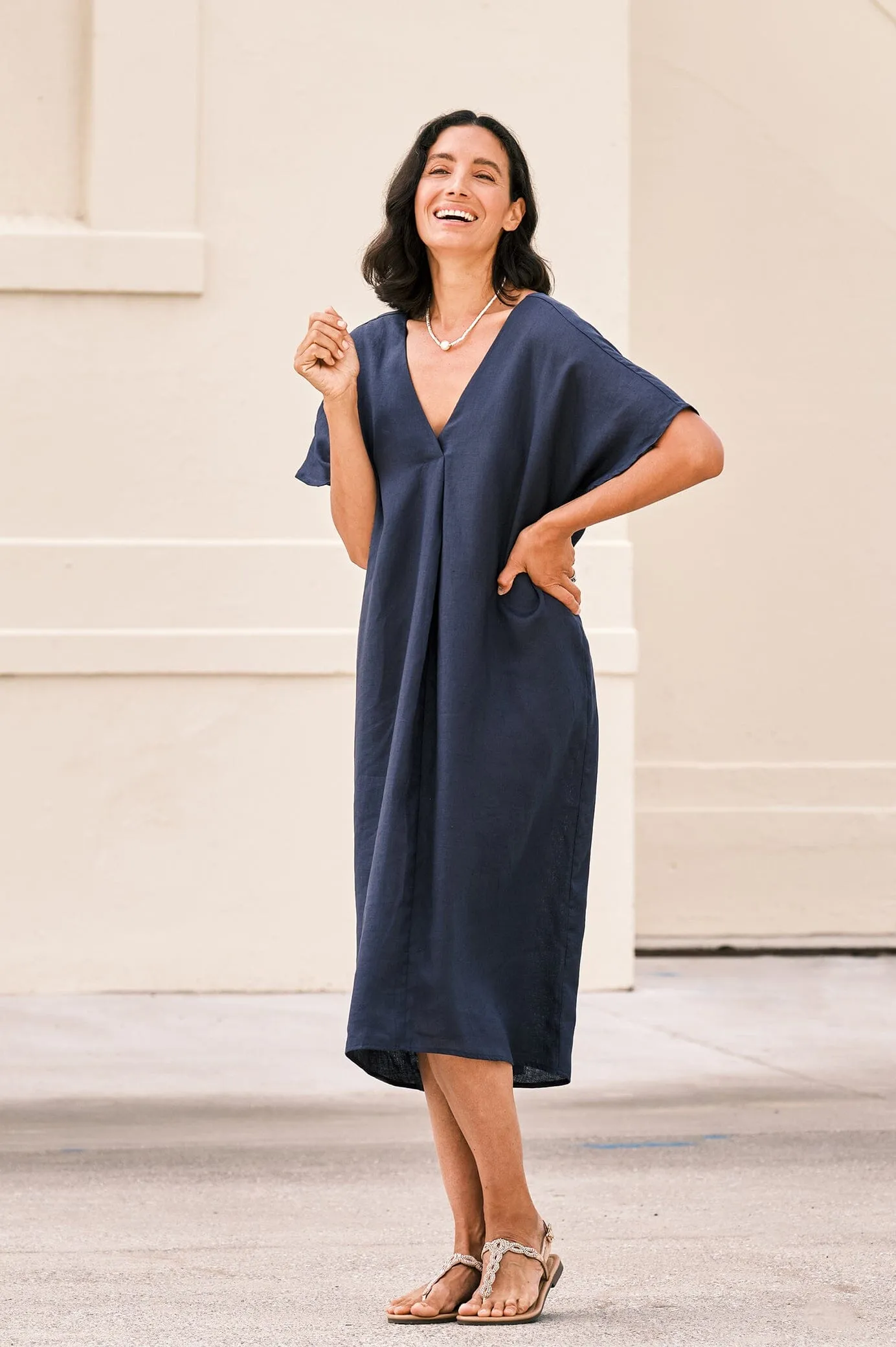 Nadia Pure Linen Dress Navy