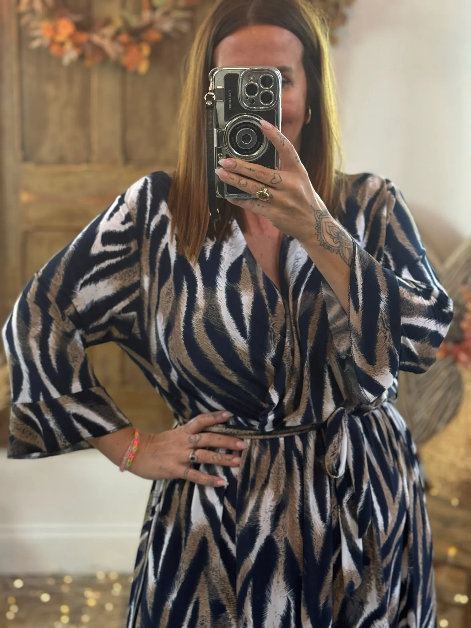 Navy & Caramel Zebra Print Nellie Cross Front Midaxi Dress