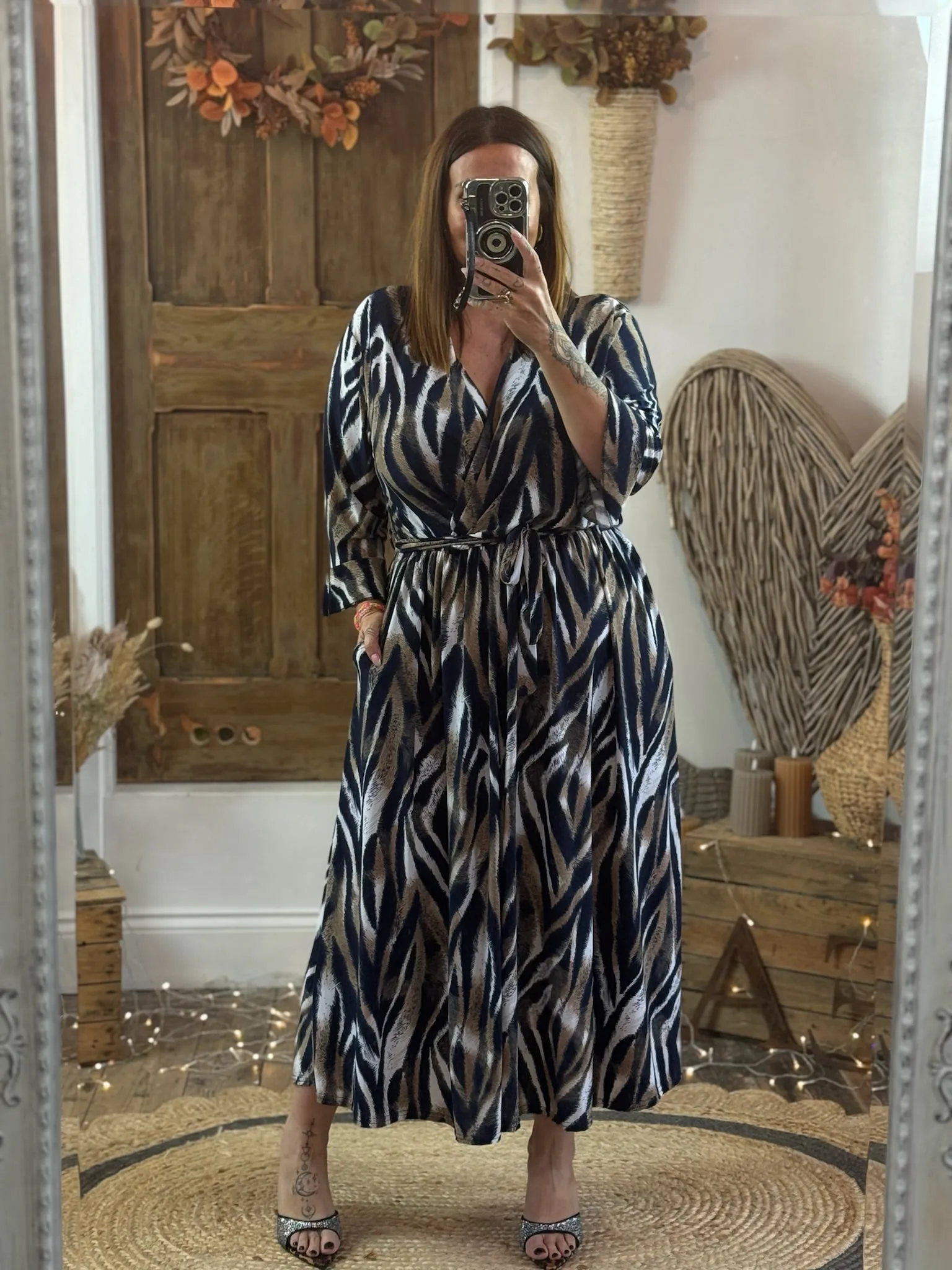 Navy & Caramel Zebra Print Nellie Cross Front Midaxi Dress