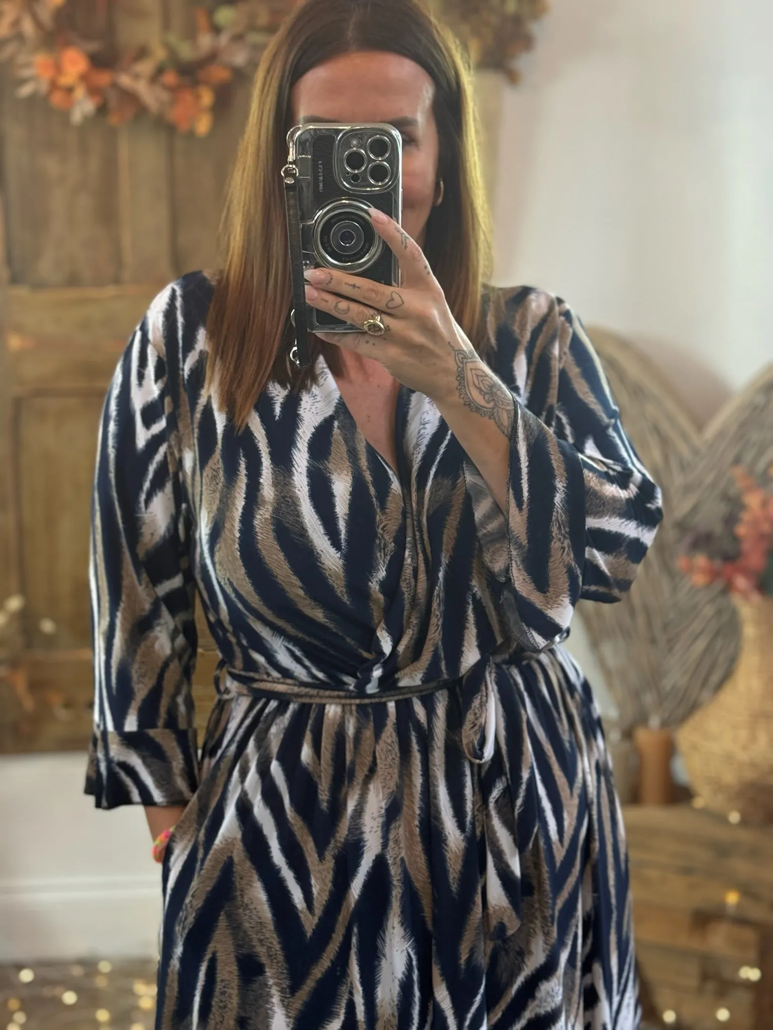 Navy & Caramel Zebra Print Nellie Cross Front Midaxi Dress