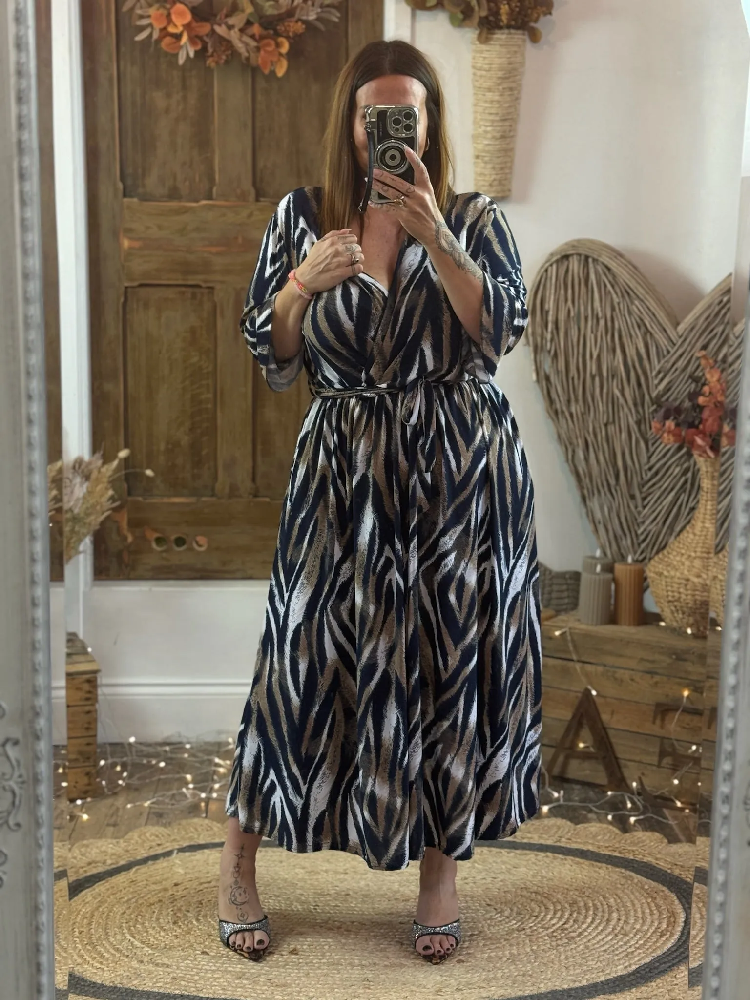 Navy & Caramel Zebra Print Nellie Cross Front Midaxi Dress