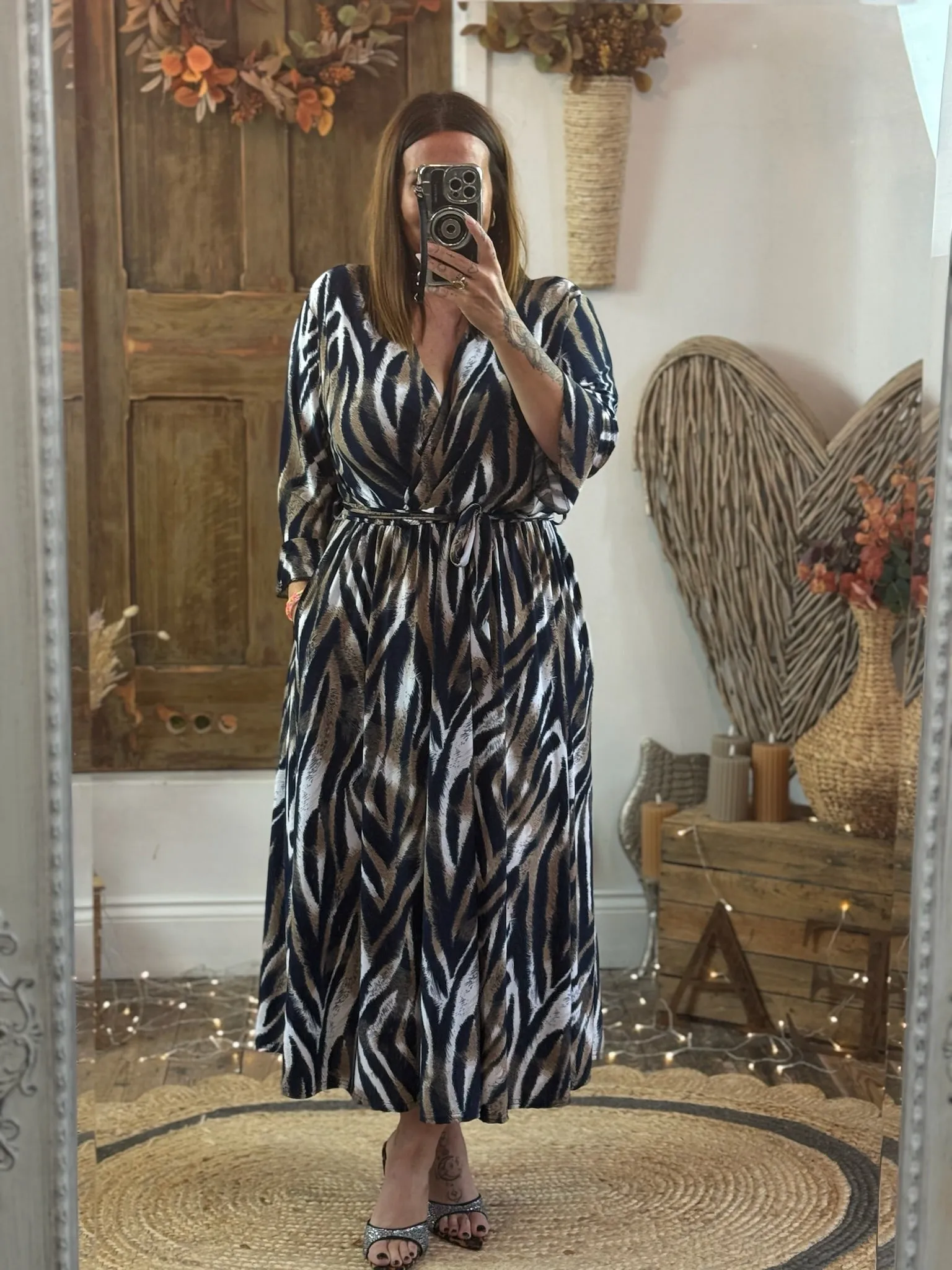 Navy & Caramel Zebra Print Nellie Cross Front Midaxi Dress