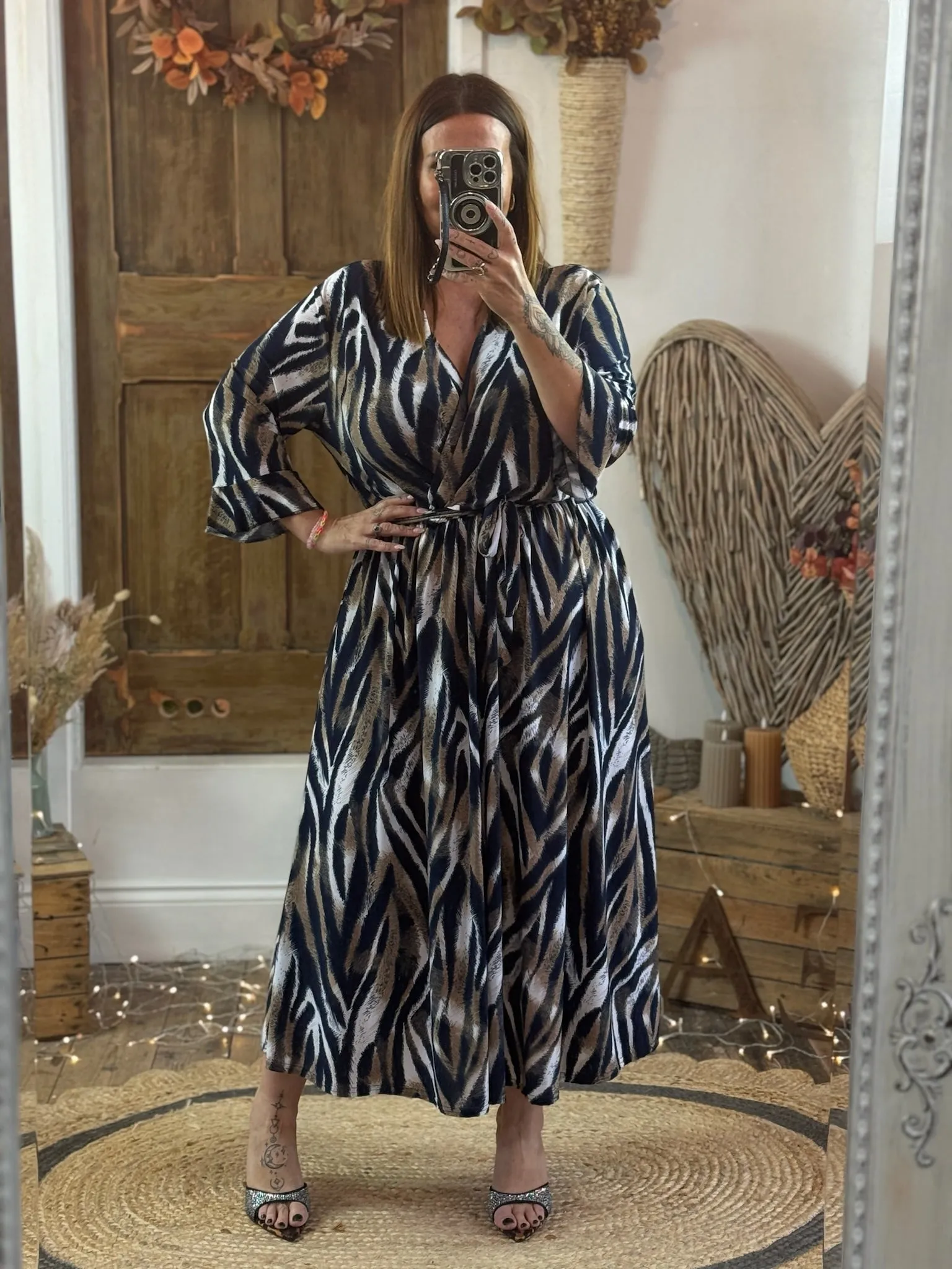 Navy & Caramel Zebra Print Nellie Cross Front Midaxi Dress