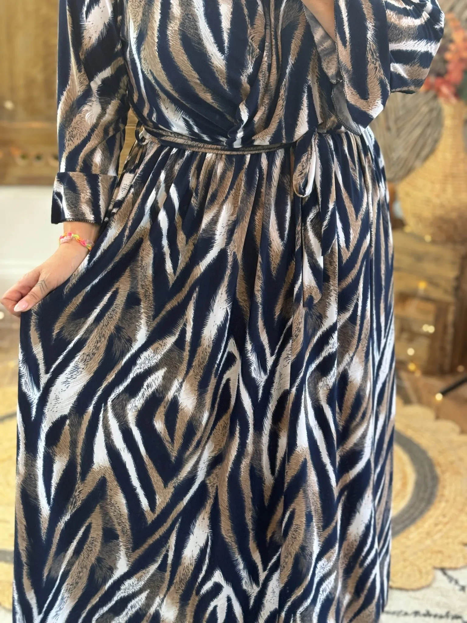 Navy & Caramel Zebra Print Nellie Cross Front Midaxi Dress