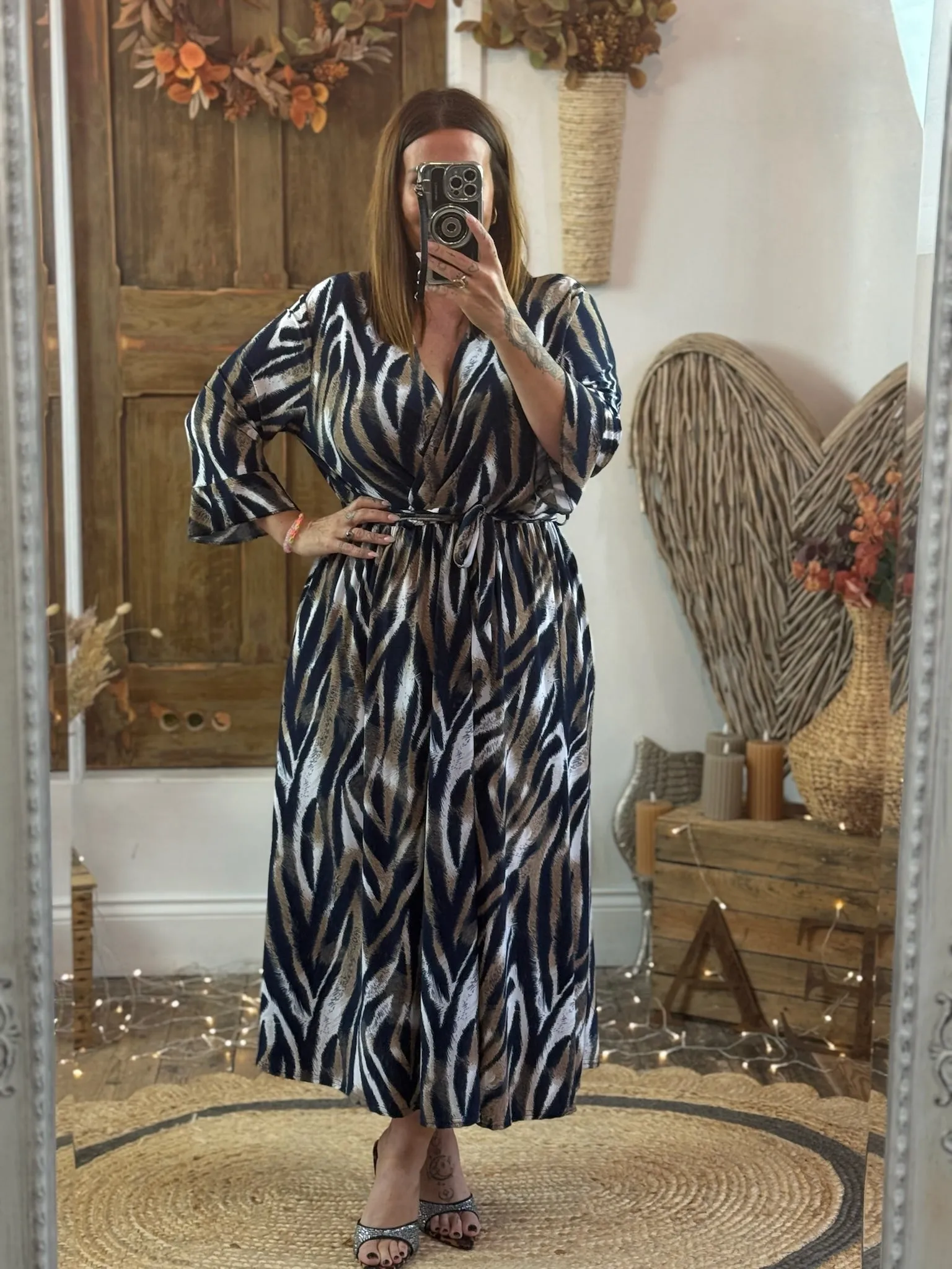 Navy & Caramel Zebra Print Nellie Cross Front Midaxi Dress