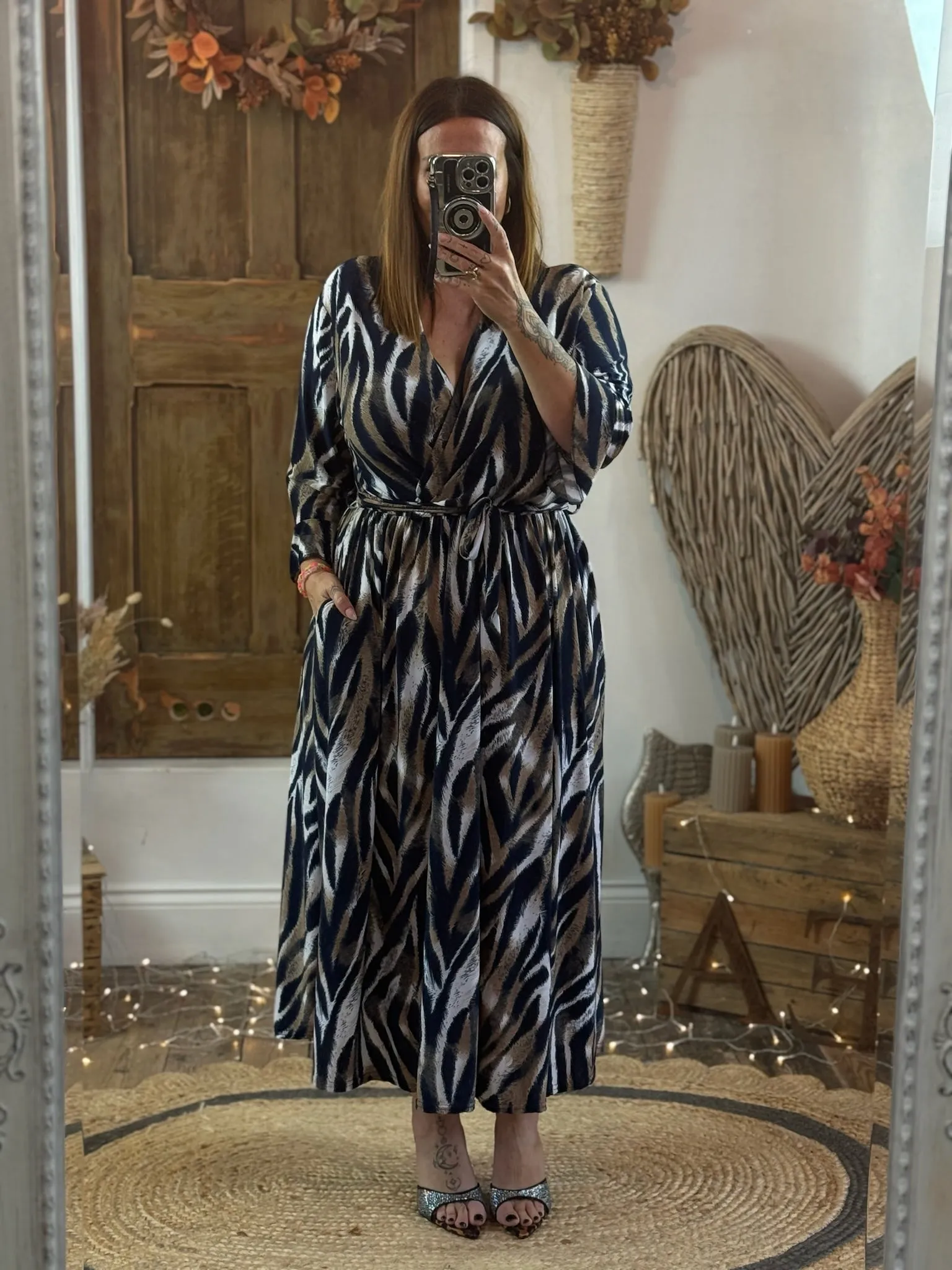 Navy & Caramel Zebra Print Nellie Cross Front Midaxi Dress