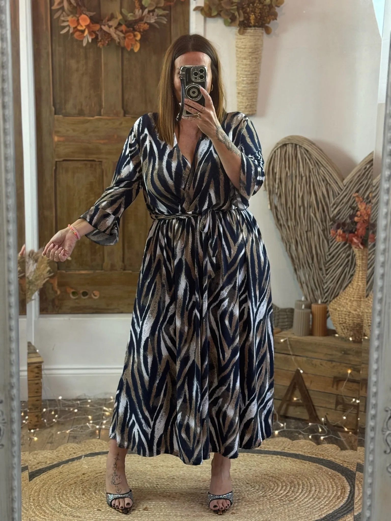 Navy & Caramel Zebra Print Nellie Cross Front Midaxi Dress