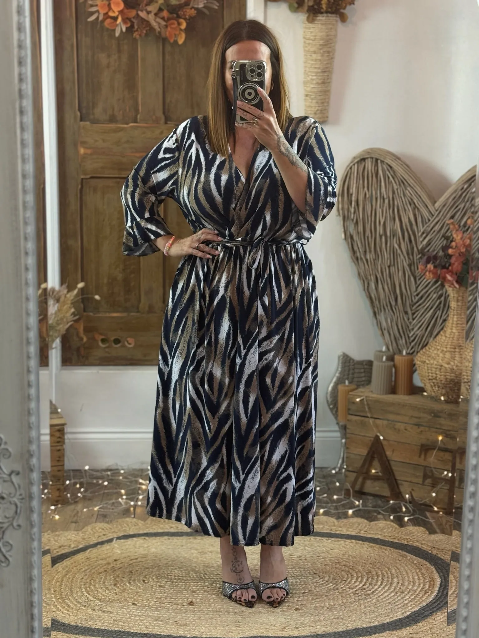 Navy & Caramel Zebra Print Nellie Cross Front Midaxi Dress