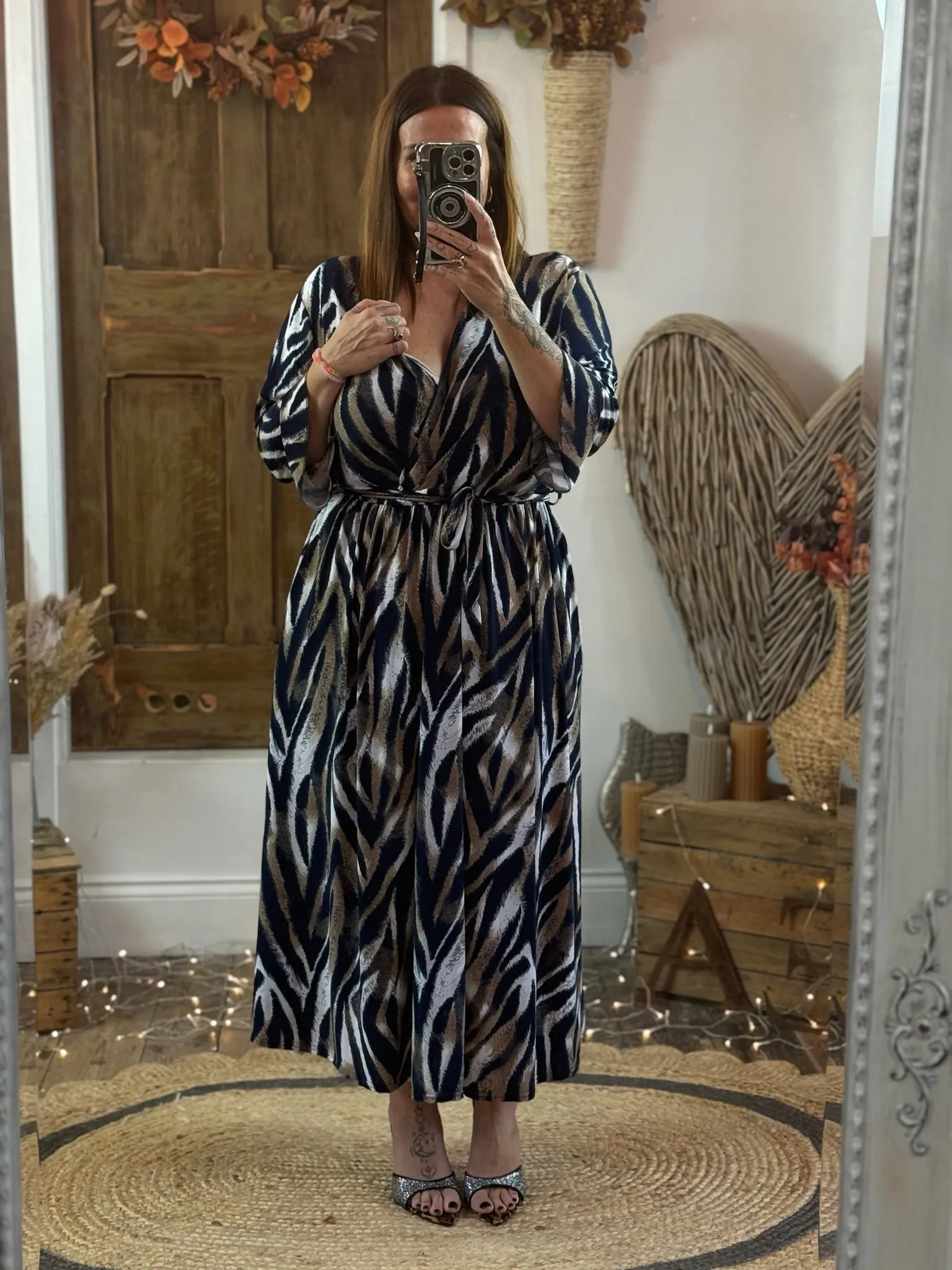 Navy & Caramel Zebra Print Nellie Cross Front Midaxi Dress