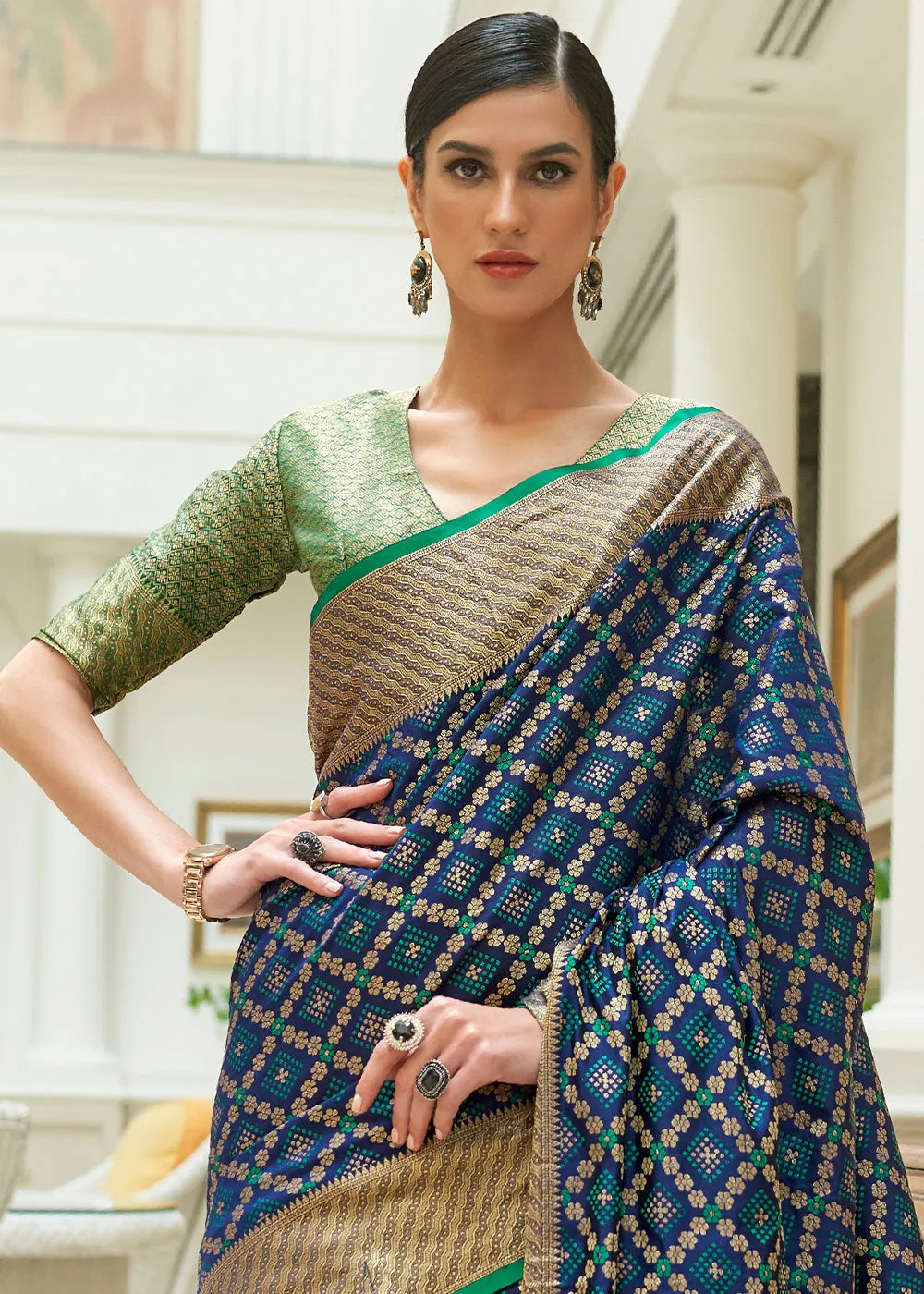 Navy Blue Handloom Patola Weave Silk Saree