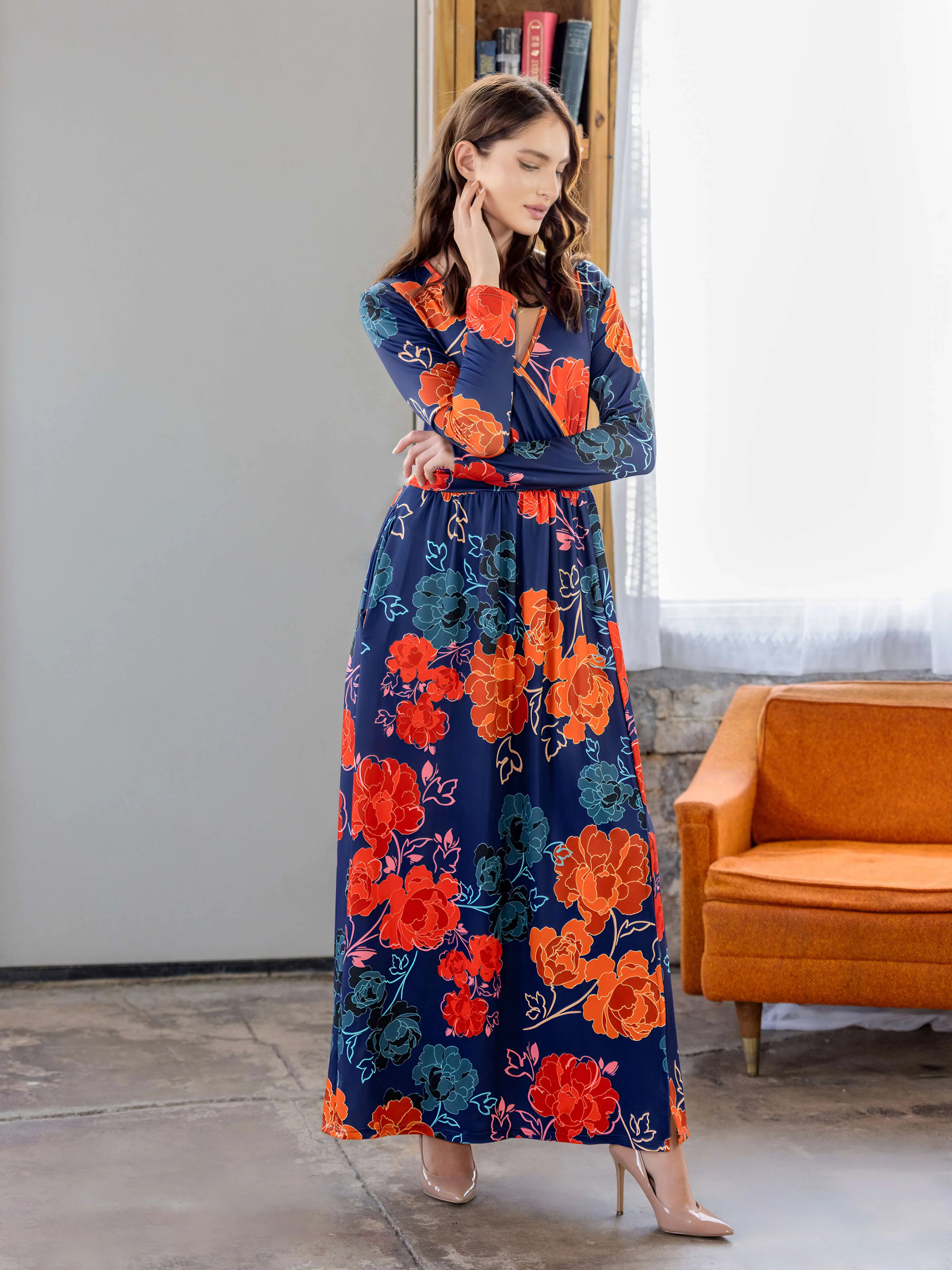 Navy Floral Print Long Sleeve Side Slit Maxi Dress