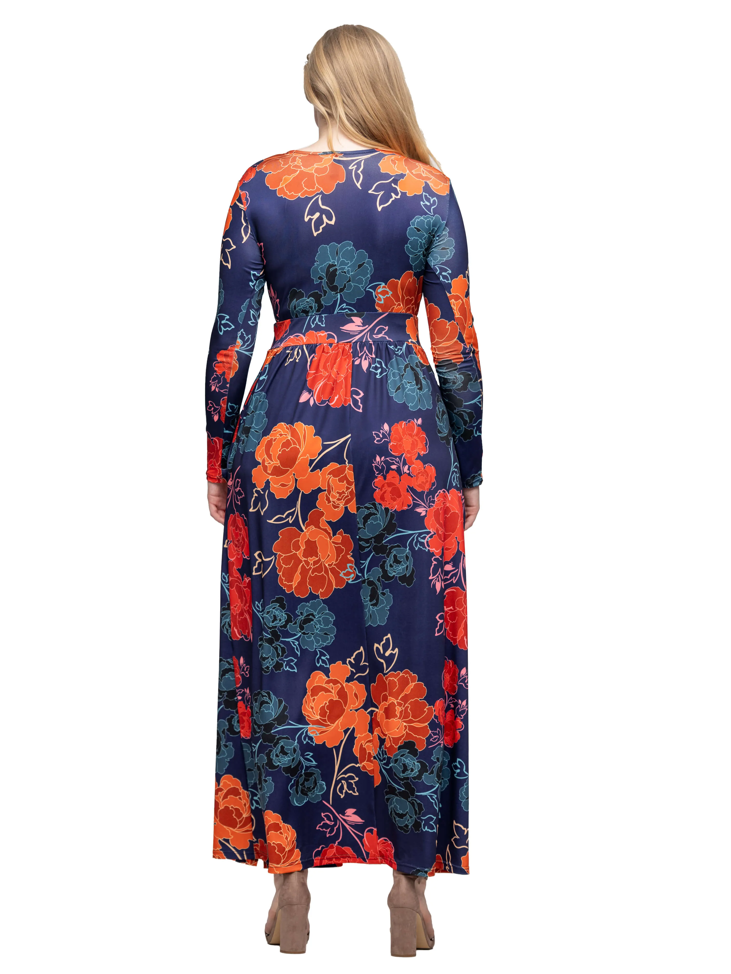 Navy Floral Print Long Sleeve Side Slit Maxi Dress