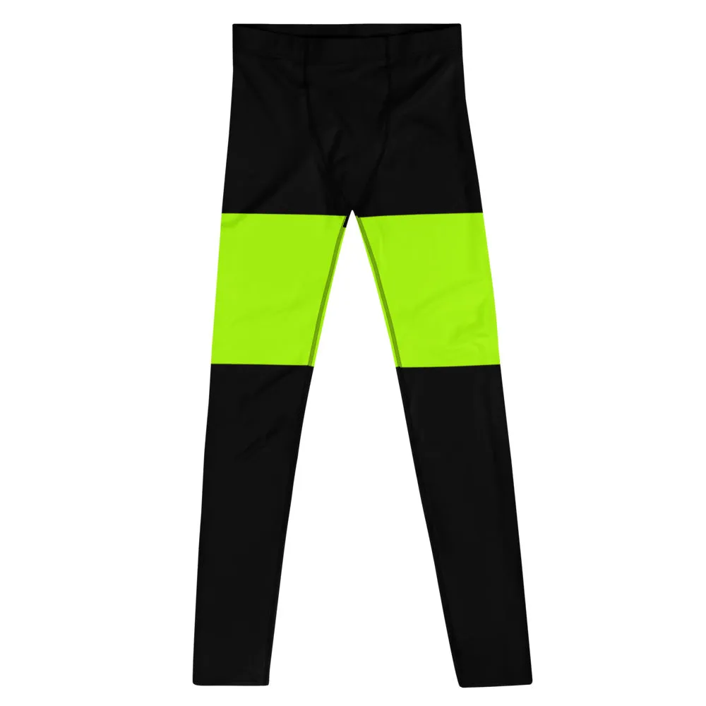 Neon Green Black Meggings, Thigh Striped Designer Men's Leggings-Made in USA/EU/MX (US Size: XS-3XL)