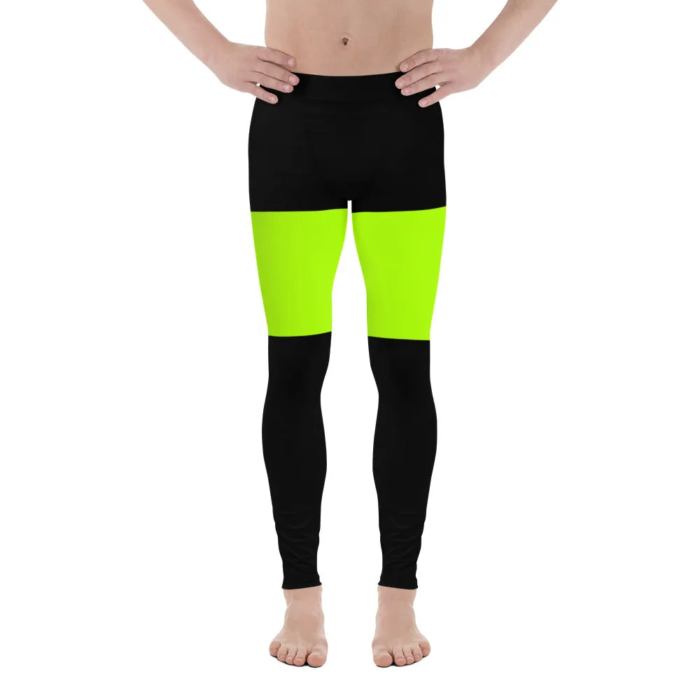 Neon Green Black Meggings, Thigh Striped Designer Men's Leggings-Made in USA/EU/MX (US Size: XS-3XL)