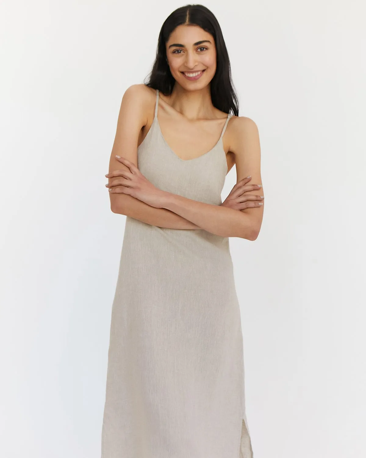 Oatmeal 100% French Flax Linen Midi Dress