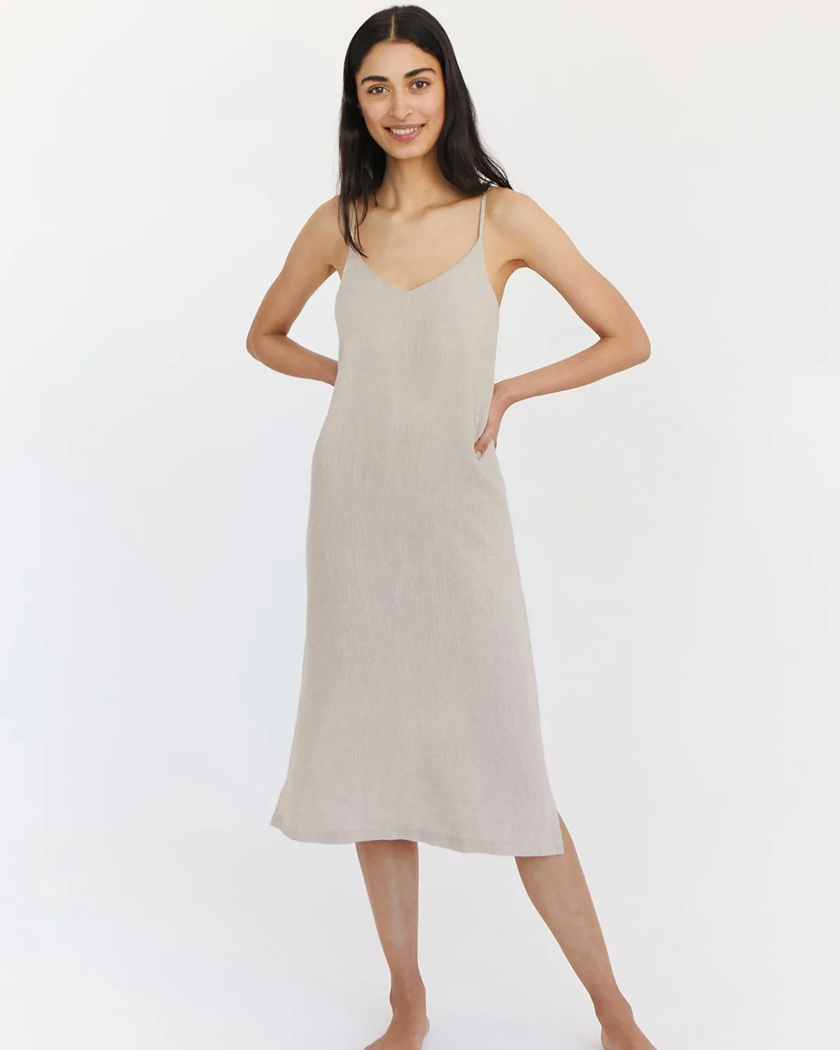 Oatmeal 100% French Flax Linen Midi Dress