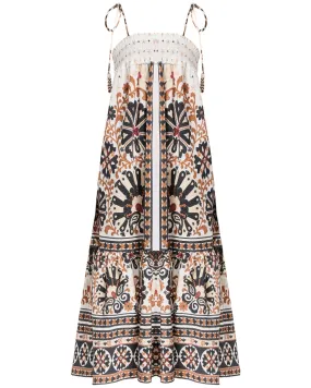 Off White Flower Fan Tapestry Midi Dress