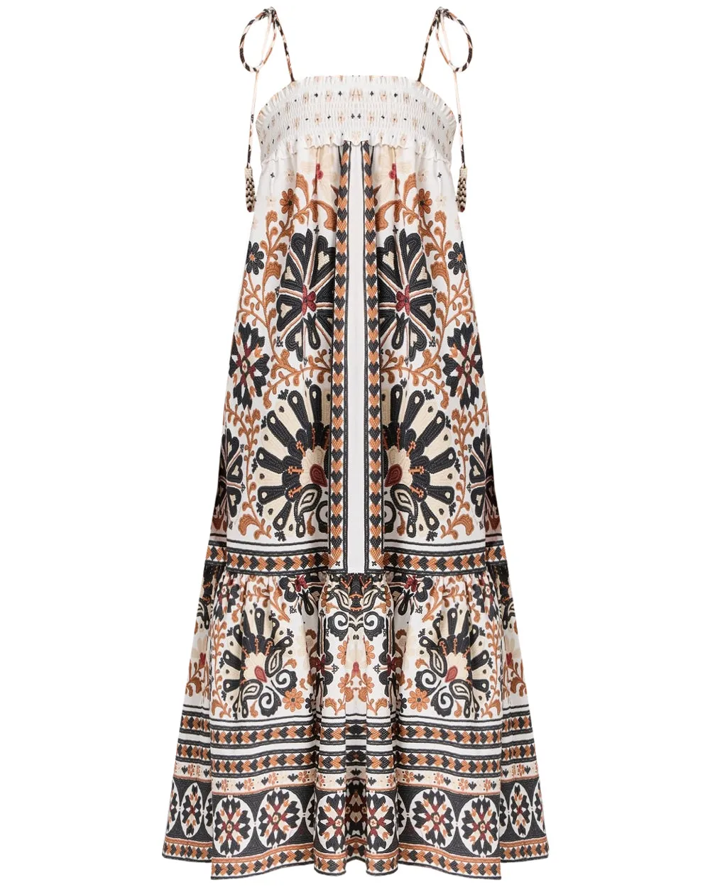 Off White Flower Fan Tapestry Midi Dress