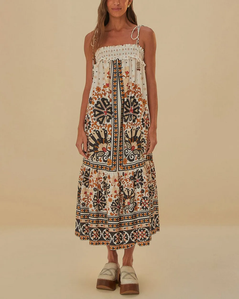 Off White Flower Fan Tapestry Midi Dress