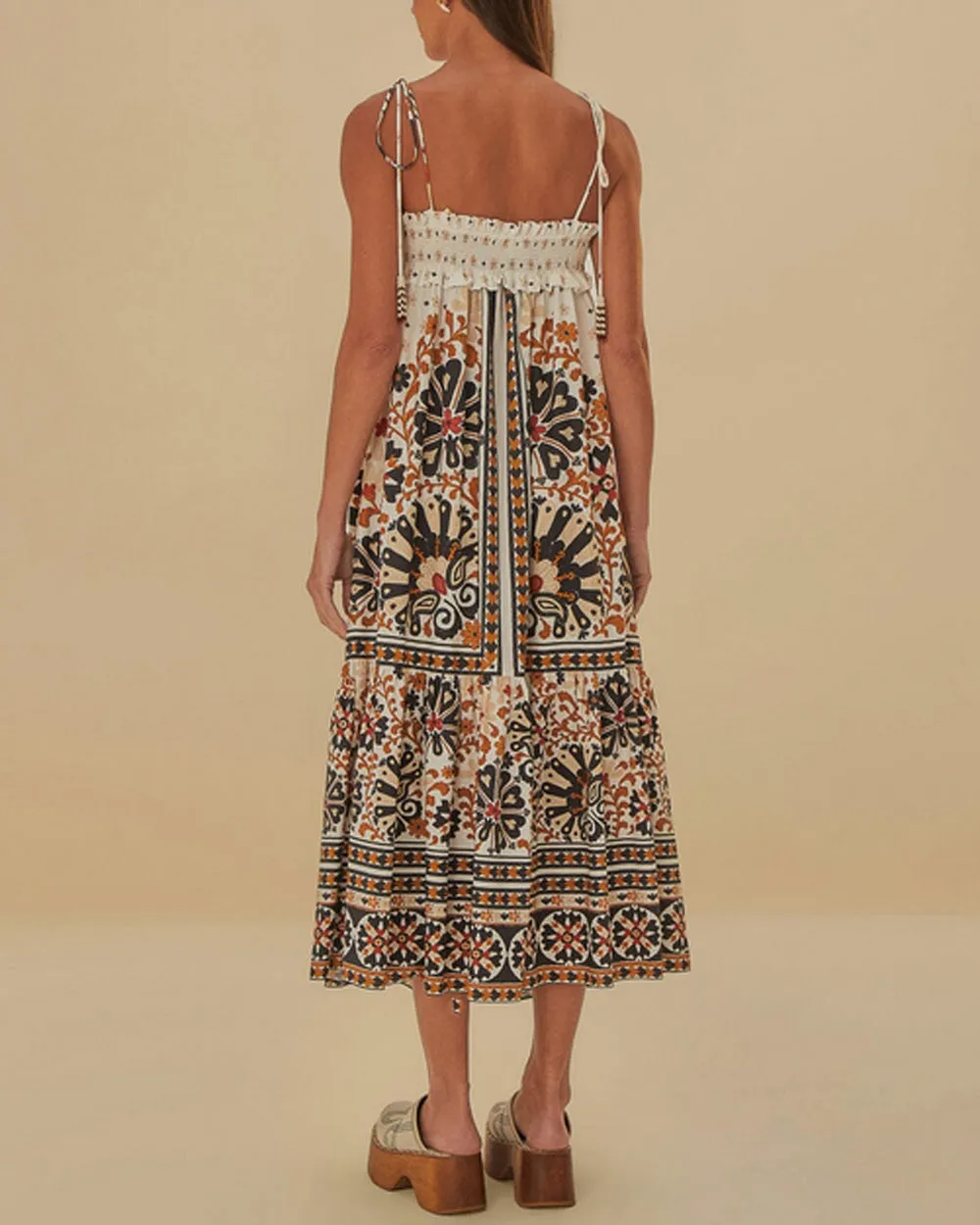 Off White Flower Fan Tapestry Midi Dress