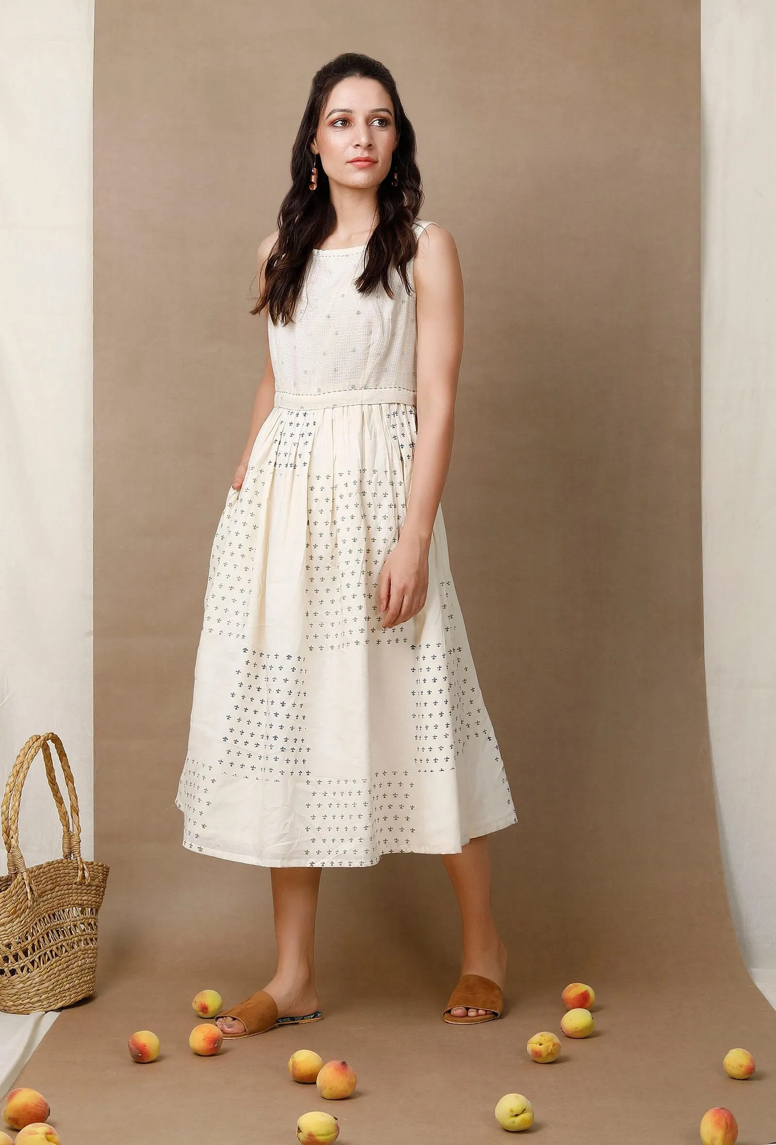 Off White Hand Block Printed Cotton Pleated Dress