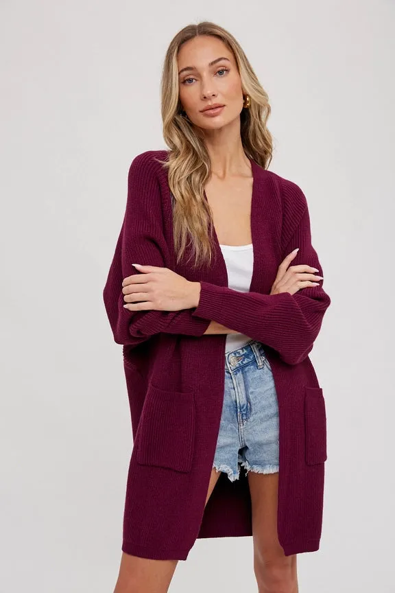 Open Front Batwing Sleeve Cardigan Plum