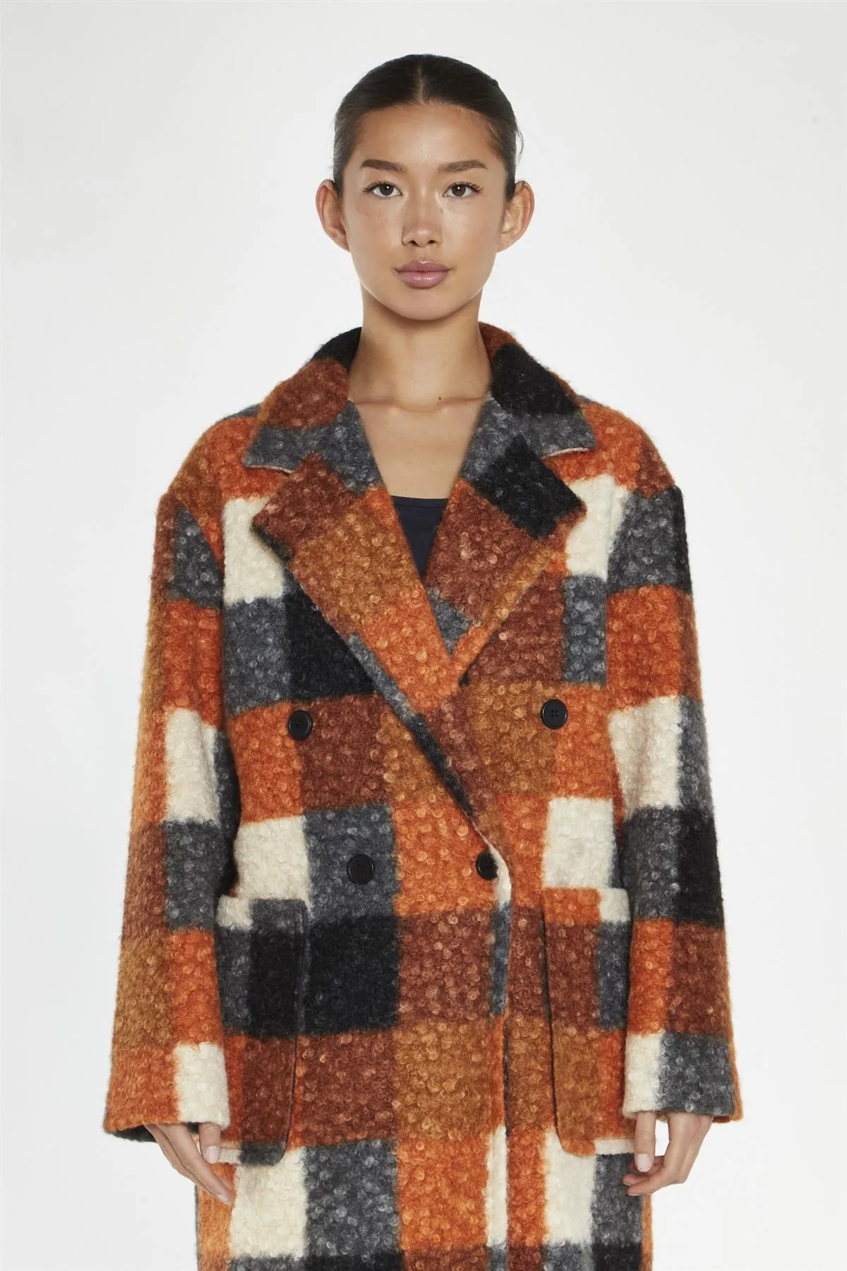 Orange Multi-Check Double-Breasted Coat