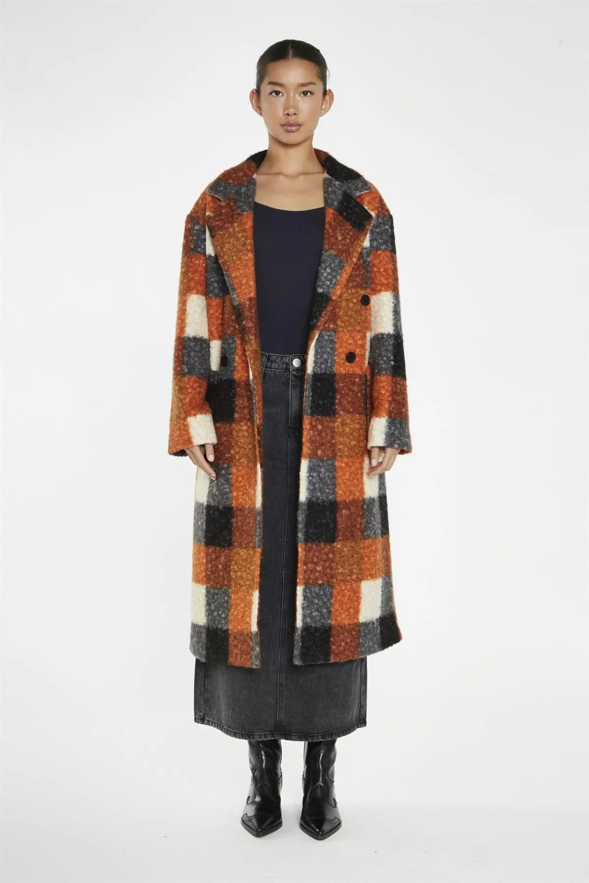 Orange Multi-Check Double-Breasted Coat