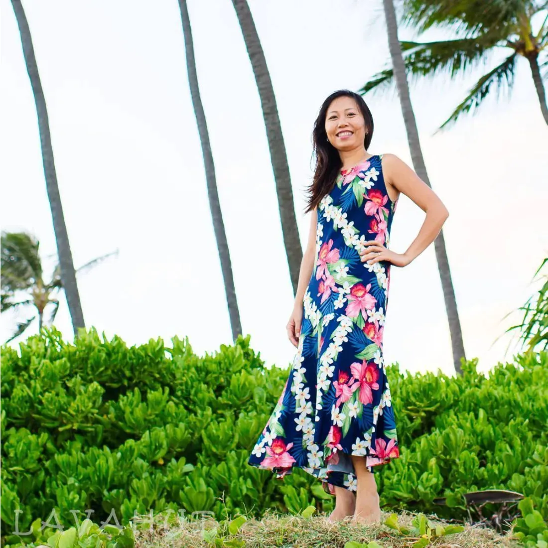 Orchid Play Blue Lehua Hawaiian Dress