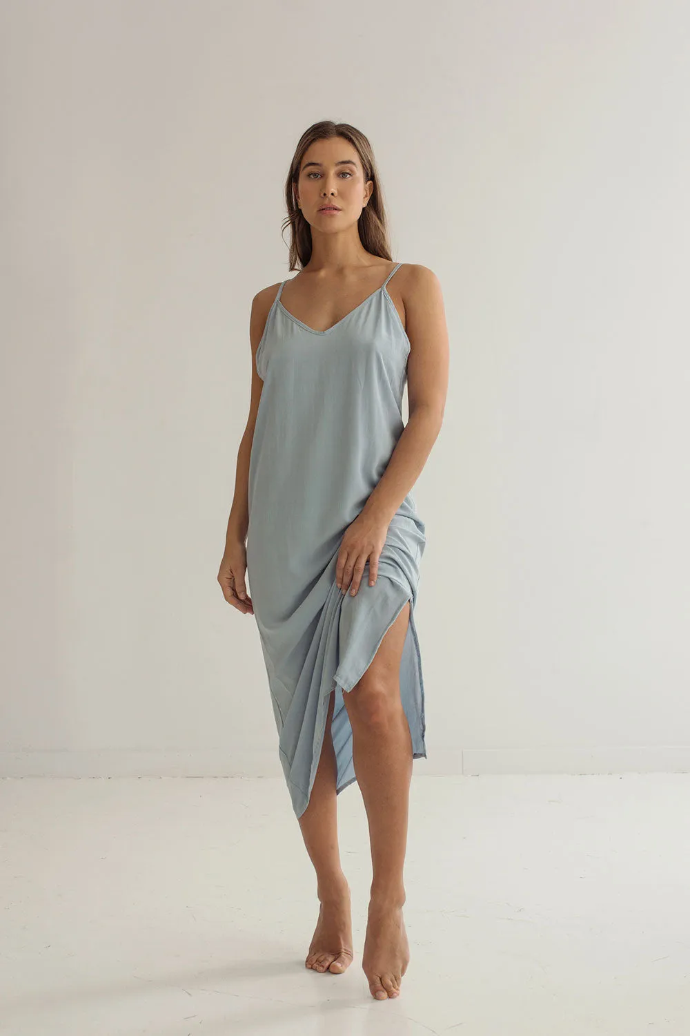 Palmi | Blue V-Neck Midi Slip Dress