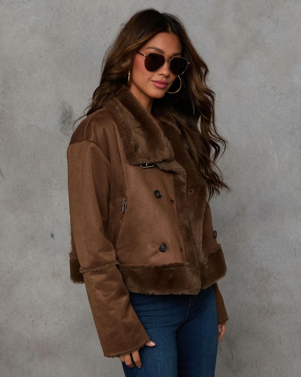 Pass You By Suede Faux Fur Trim Coat