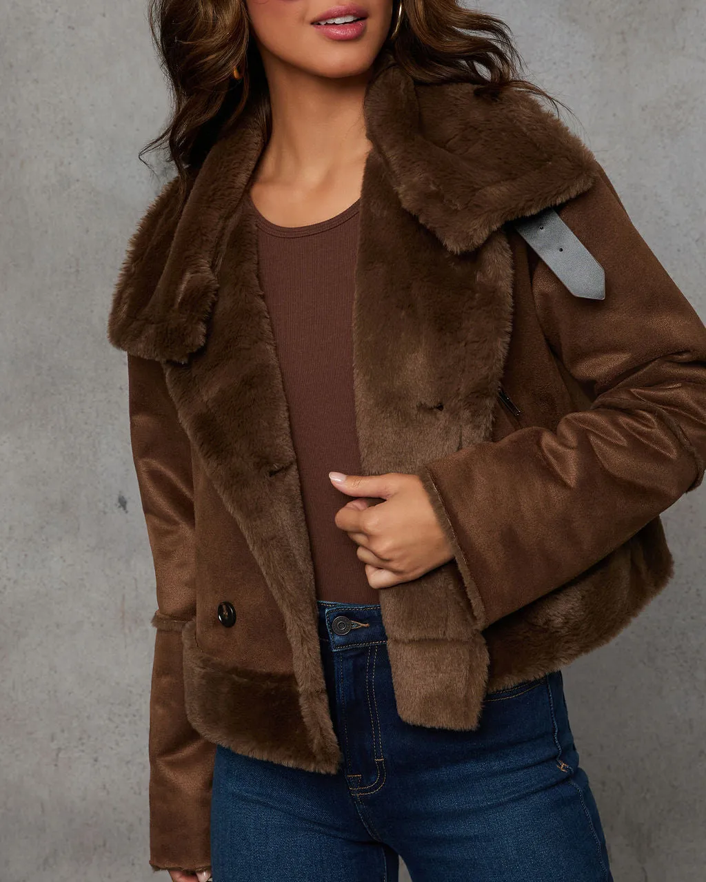 Pass You By Suede Faux Fur Trim Coat