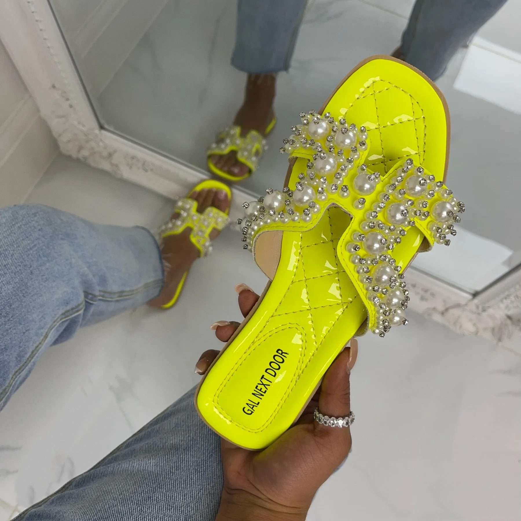 Penelope - Yellow with Pearl H Style Square Toe Slip On Sandals