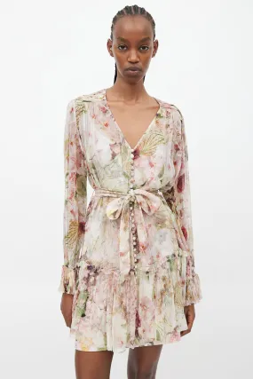 Pink & Multicolour Floral Ruffled Silk Dress