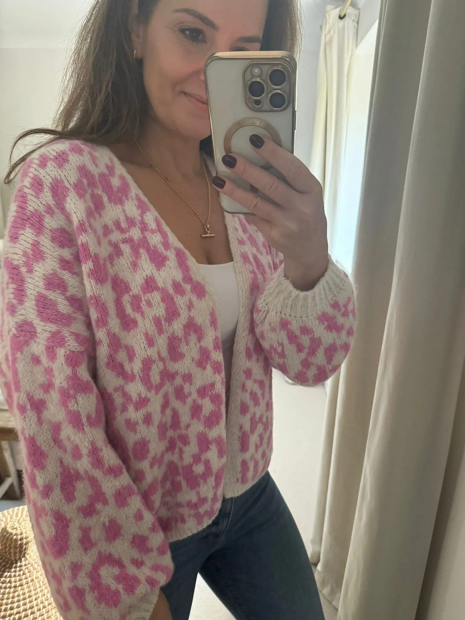 Pink and Cream Leopard Print Cardigan