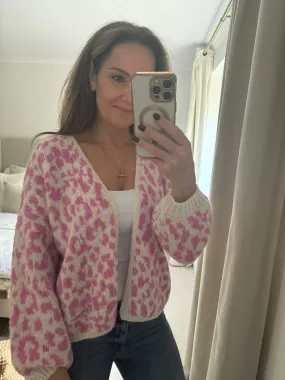 Pink and Cream Leopard Print Cardigan