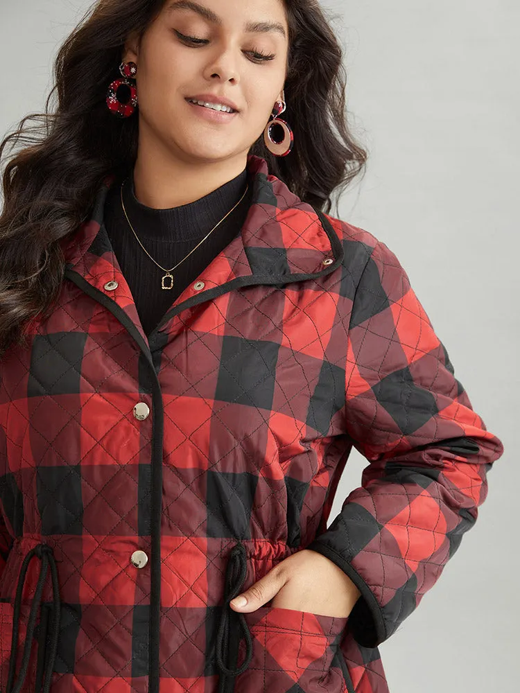 Plaid Contrast Trim Drawstring Button Through Coat