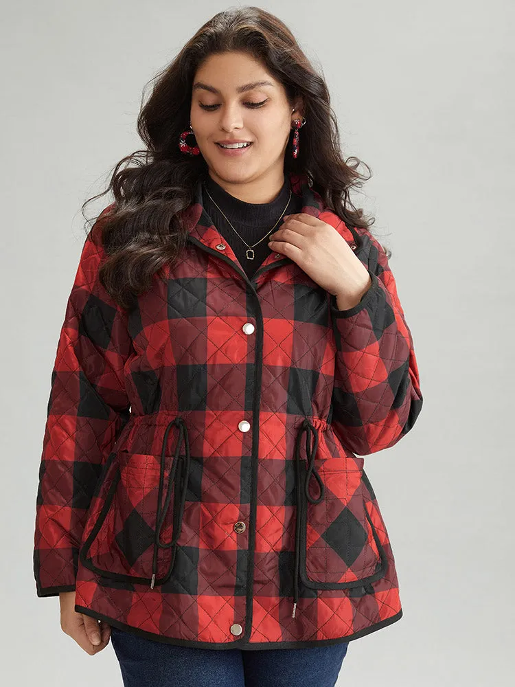 Plaid Contrast Trim Drawstring Button Through Coat